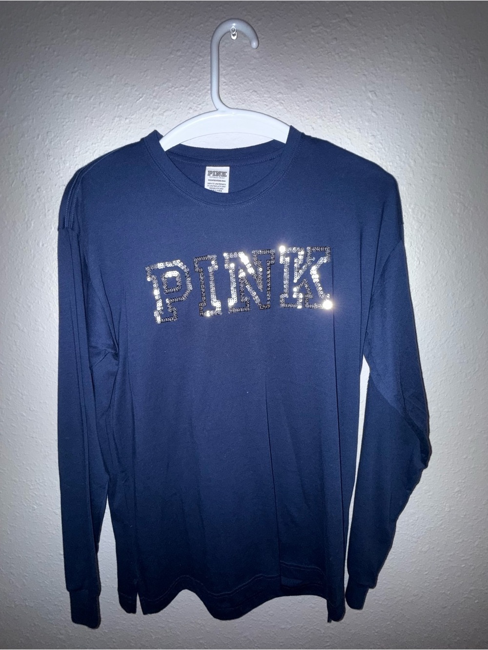 PINK Victoria's Secret Navy Long Sleeve Tee with Sequin Logo